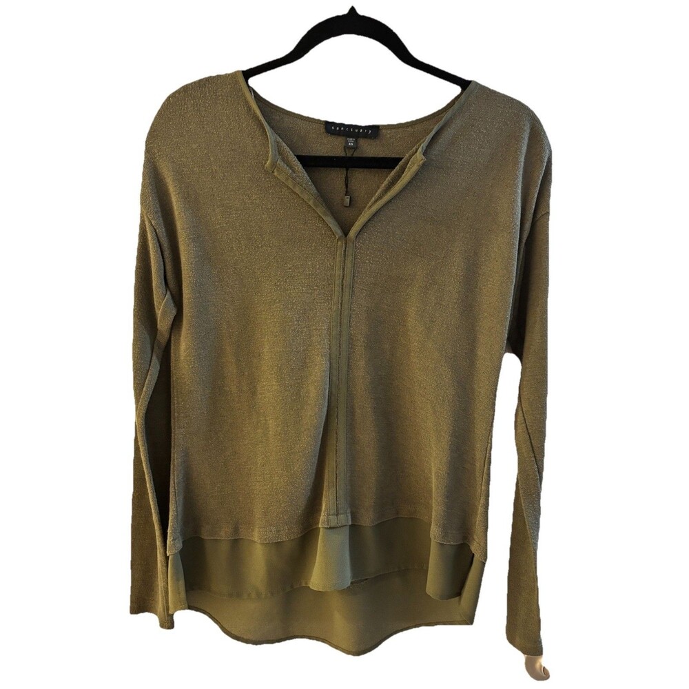 Sanctuary Top Women's XS Olive Green Mixed Media Layered Hem Split Neck Knit Tee